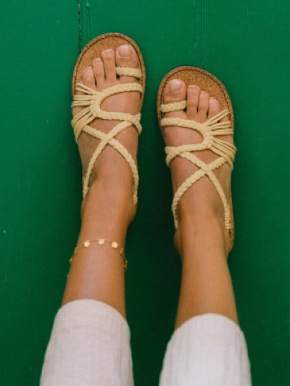 Women’s Beige Braided Rope Flat Sandals - vegan